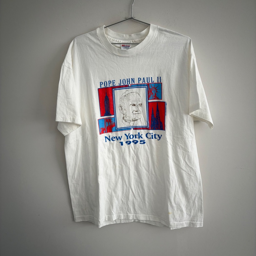 Vintage 1995 Pope John Paul II New York City Hanes Heavyweight T-Shirt XL White